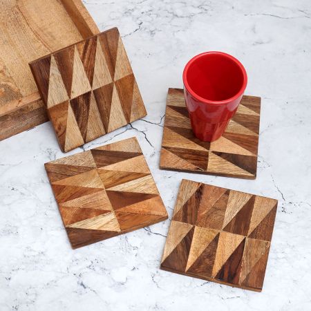 Square Shaped Brown Wooden Coasters - Pack of 4